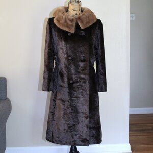 Vintage 60s Chocolate Brown Faux Fur Mink Collar 3/4 Sleeve Coat Women's M